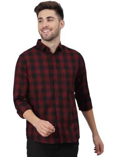 dennis lingo men's cotton box checkered slim fit casual shirt with chest pocket, full sleeve shirt for formal & casual wear (c441_maroon, m)