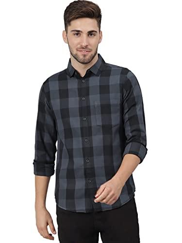 dennis lingo men's cotton full sleeves buffalo check slim fit casual shirt with pocket (grey, l)