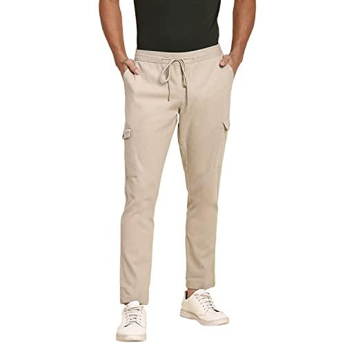 dennis lingo men's cotton regular fit solid stretchable cargo trousers, casual pants with drawstring waist (beige, 34)