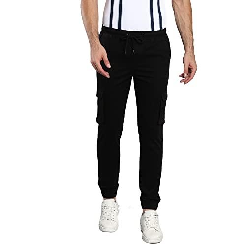 dennis lingo men's solid cotton casual mid rise ankle length multi-pocket tapered fit stretchable cargo pant/trousers (black, 28)