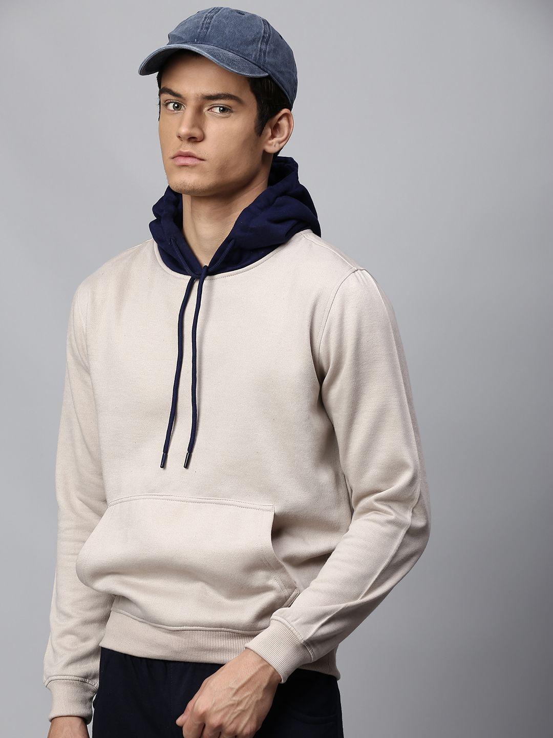 dennis lingo men beige solid hooded sweatshirt