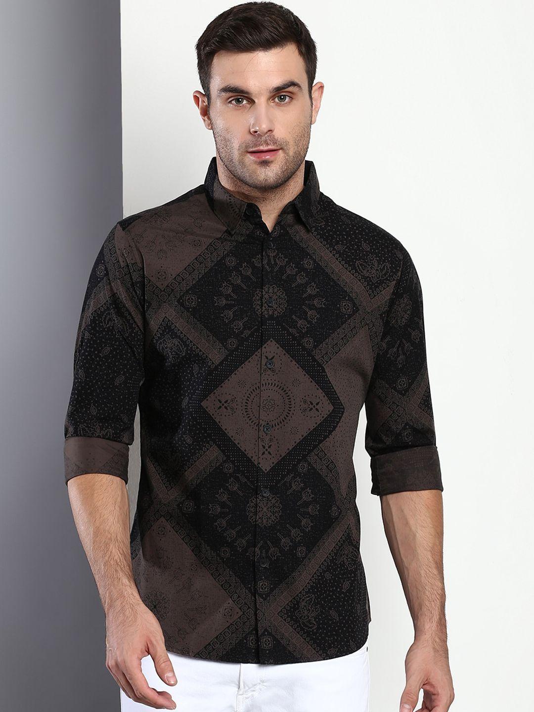 dennis lingo men black slim fit printed casual shirt