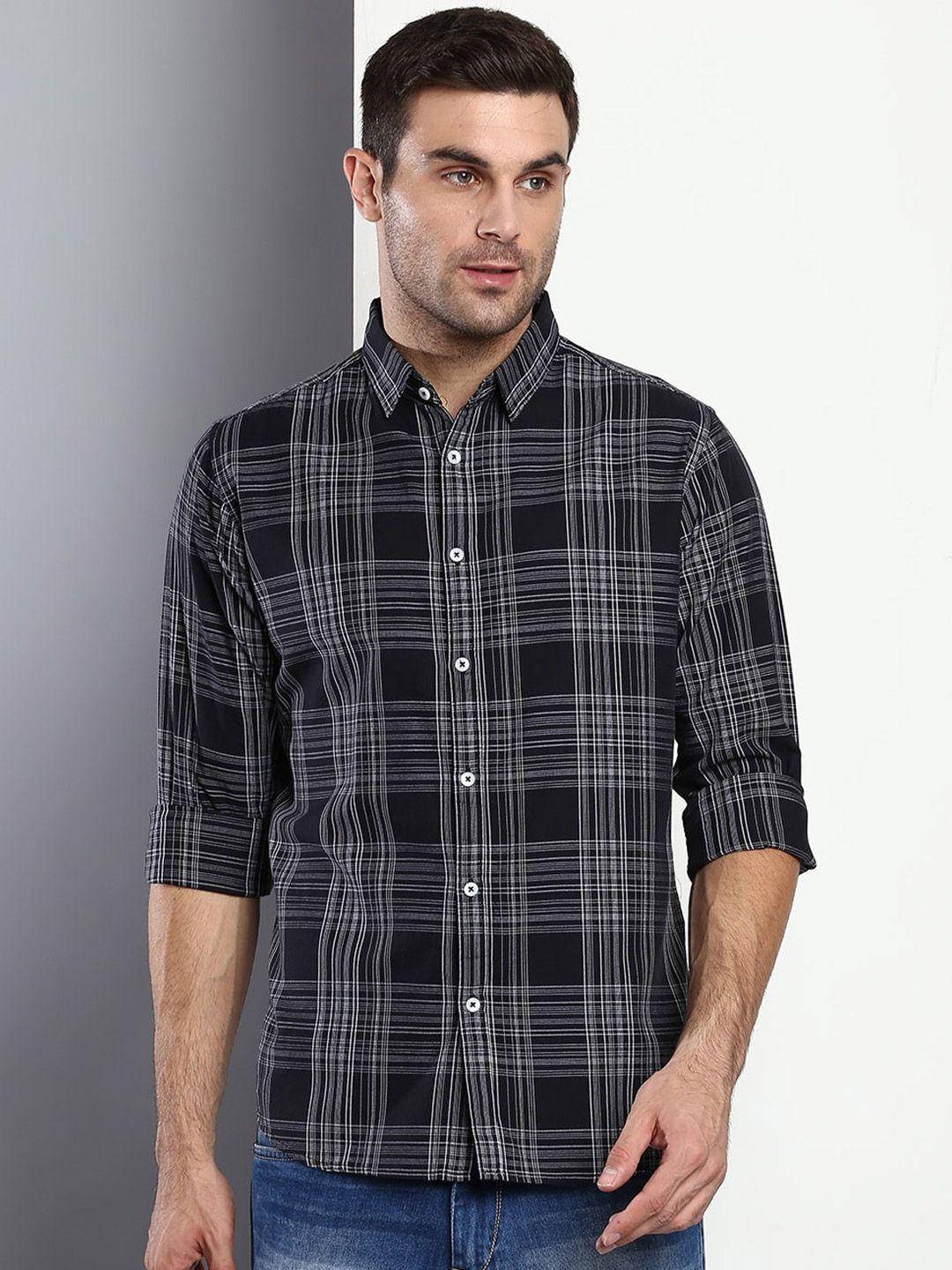 dennis lingo men black slim fit tartan checks checked casual shirt