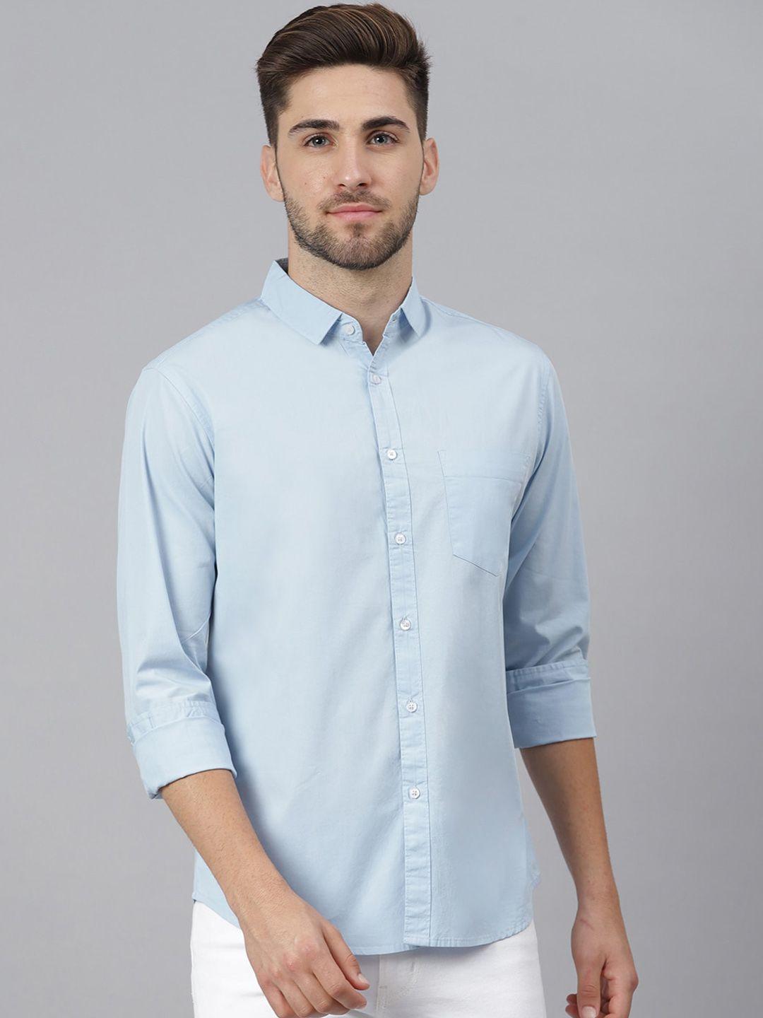 dennis lingo men blue cotton slim fit solid casual shirt