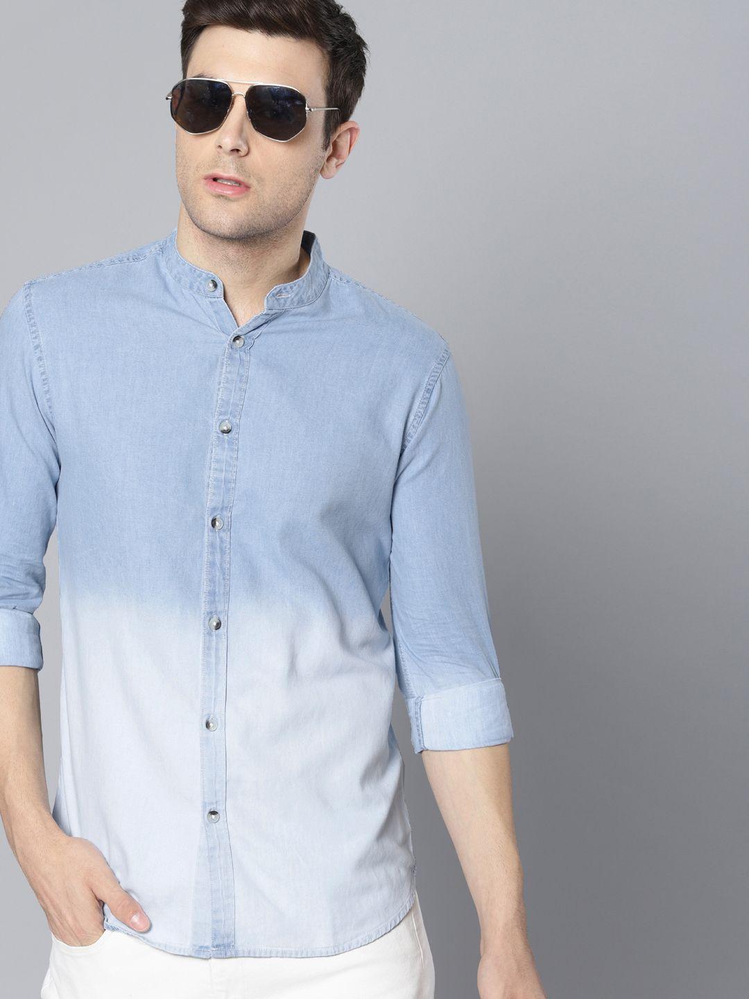 dennis lingo men blue modern slim fit faded casual chambray shirt