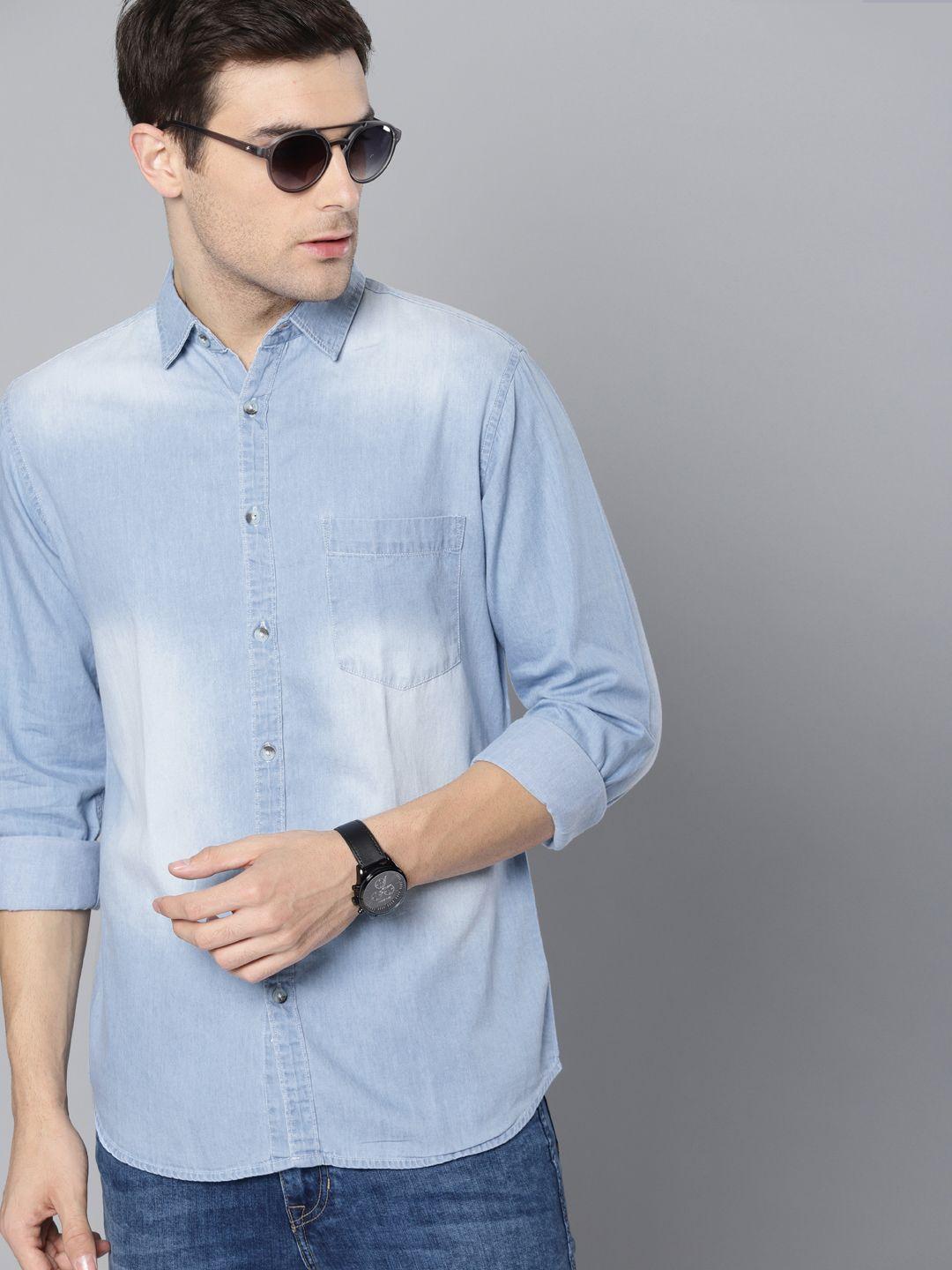 dennis lingo men blue slim fit faded casual chambray shirt