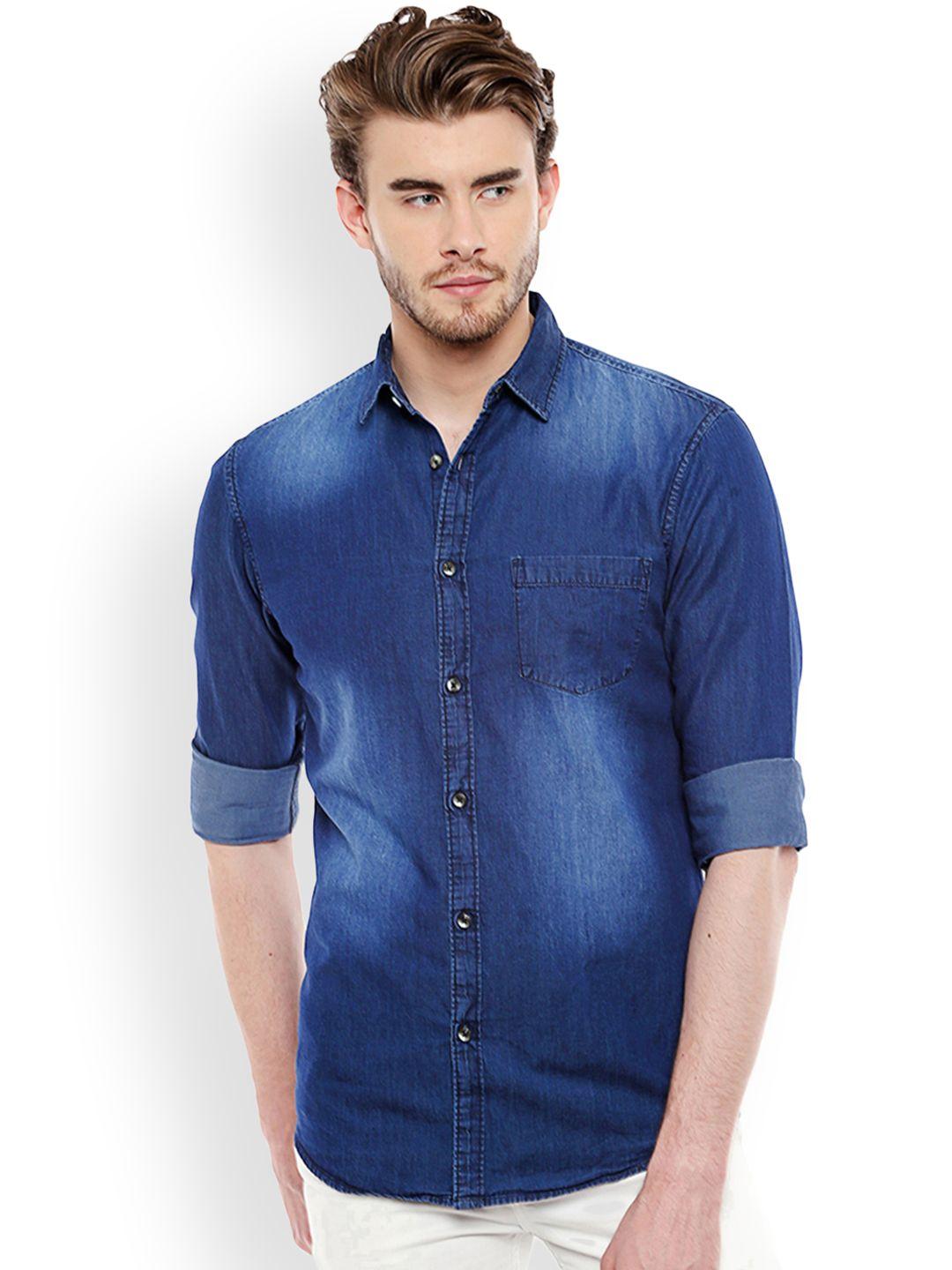 dennis lingo men blue slim fit faded casual shirt