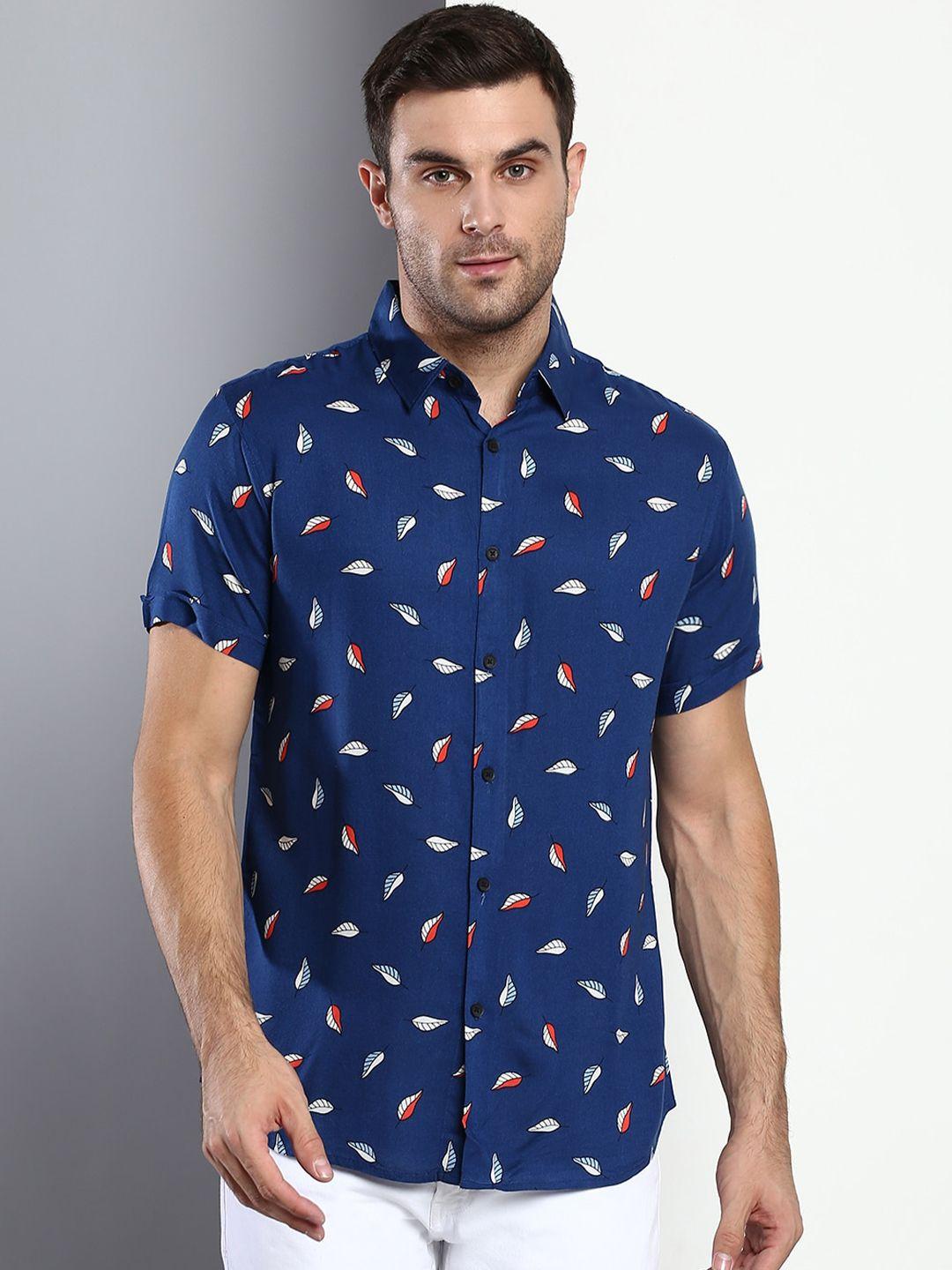 dennis lingo men blue slim fit printed casual shirt