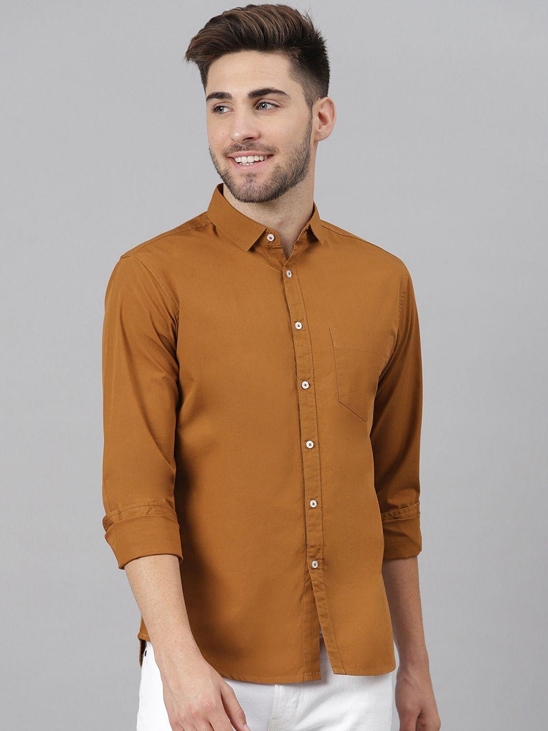 dennis lingo men brown slim fit cotton solid casual shirt