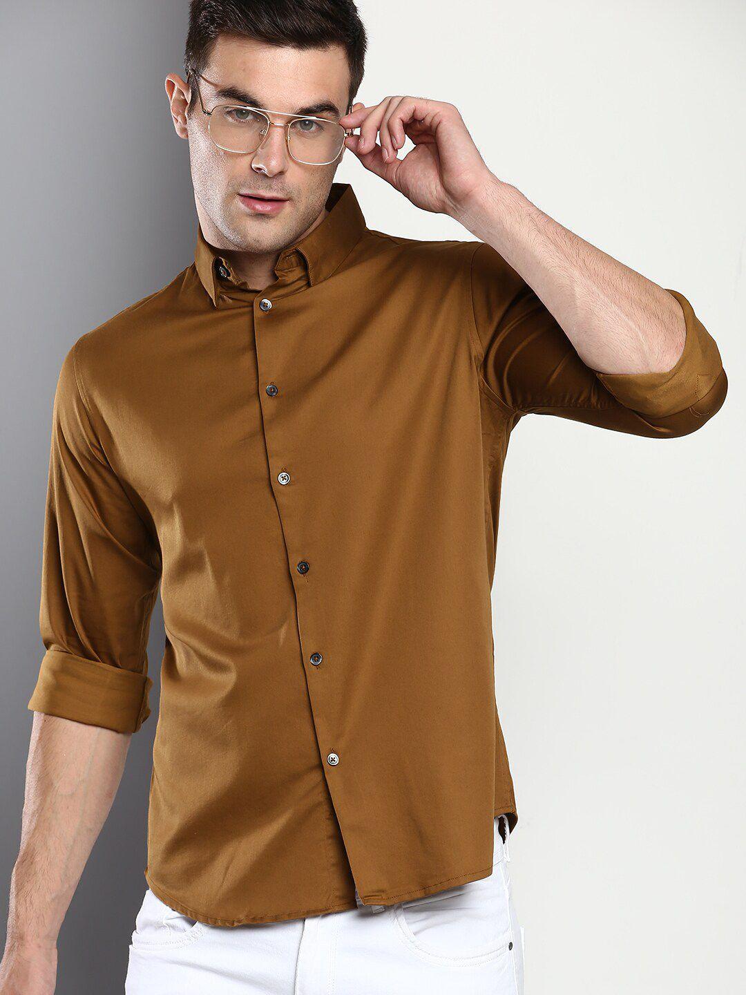 dennis lingo men brown solid slim fit casual shirt