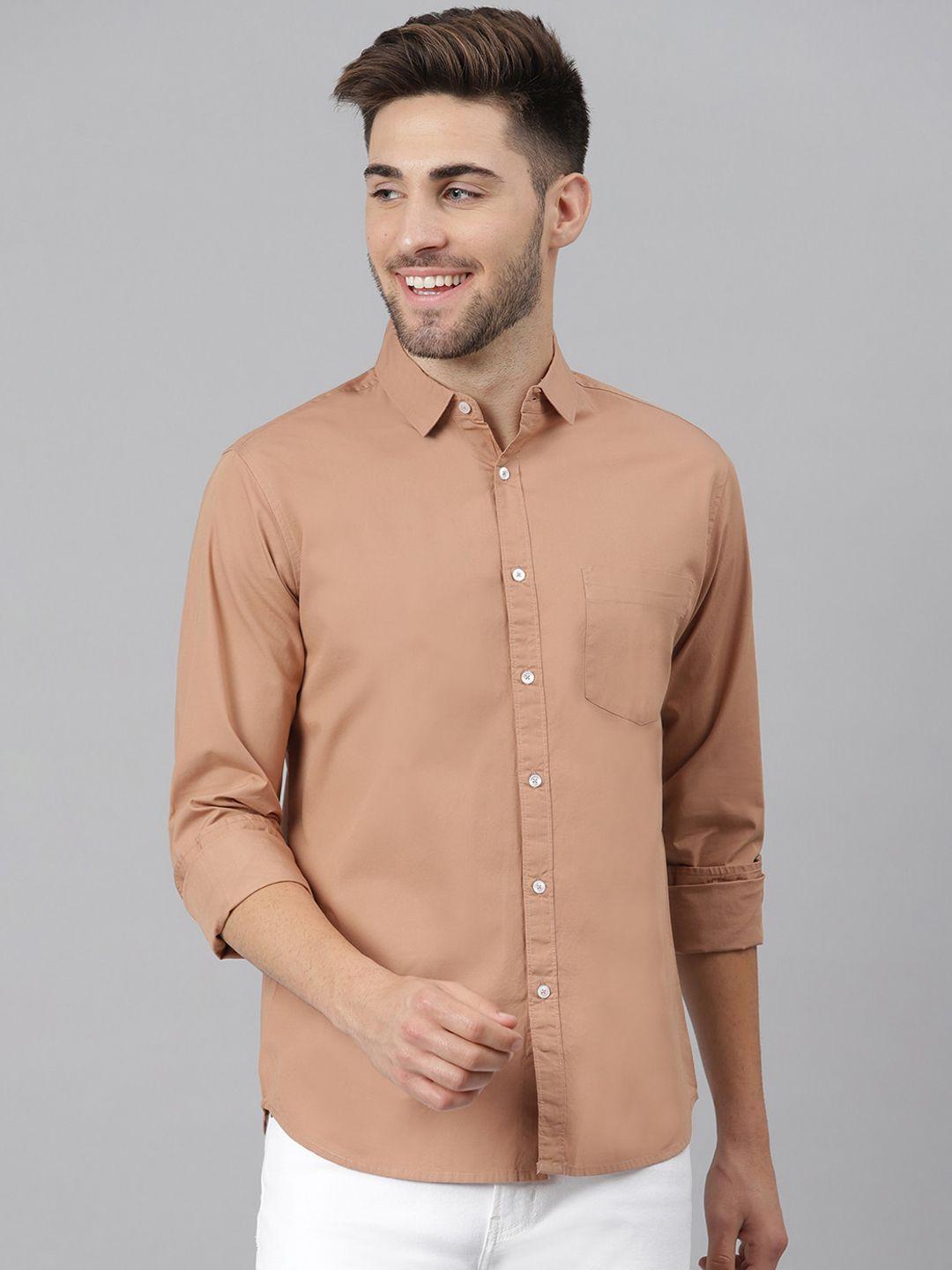 dennis lingo men camel brown solid slim fit cotton casual shirt