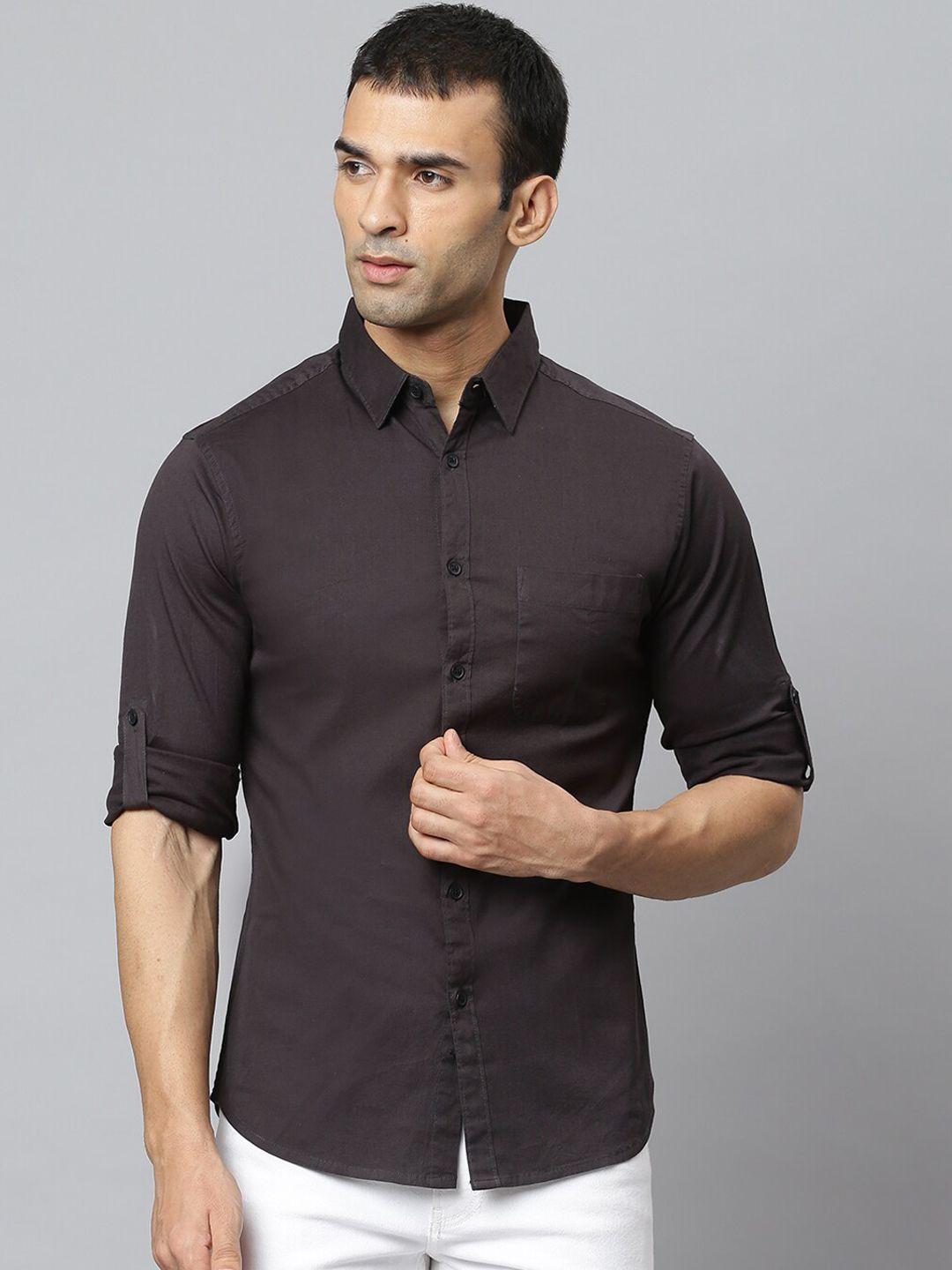 dennis lingo men charcoal grey modern slim fit opaque casual shirt