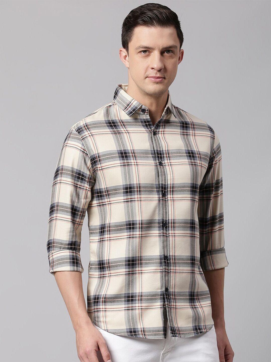 dennis lingo men cream-coloured slim fit tartan checked casual shirt