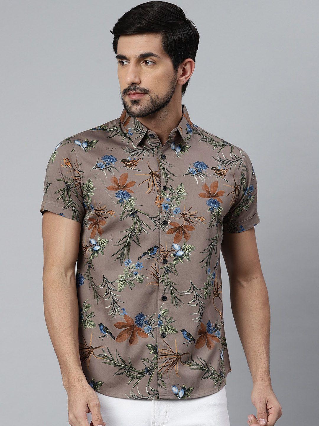 dennis lingo men green comfort slim fit floral opaque printed casual shirt