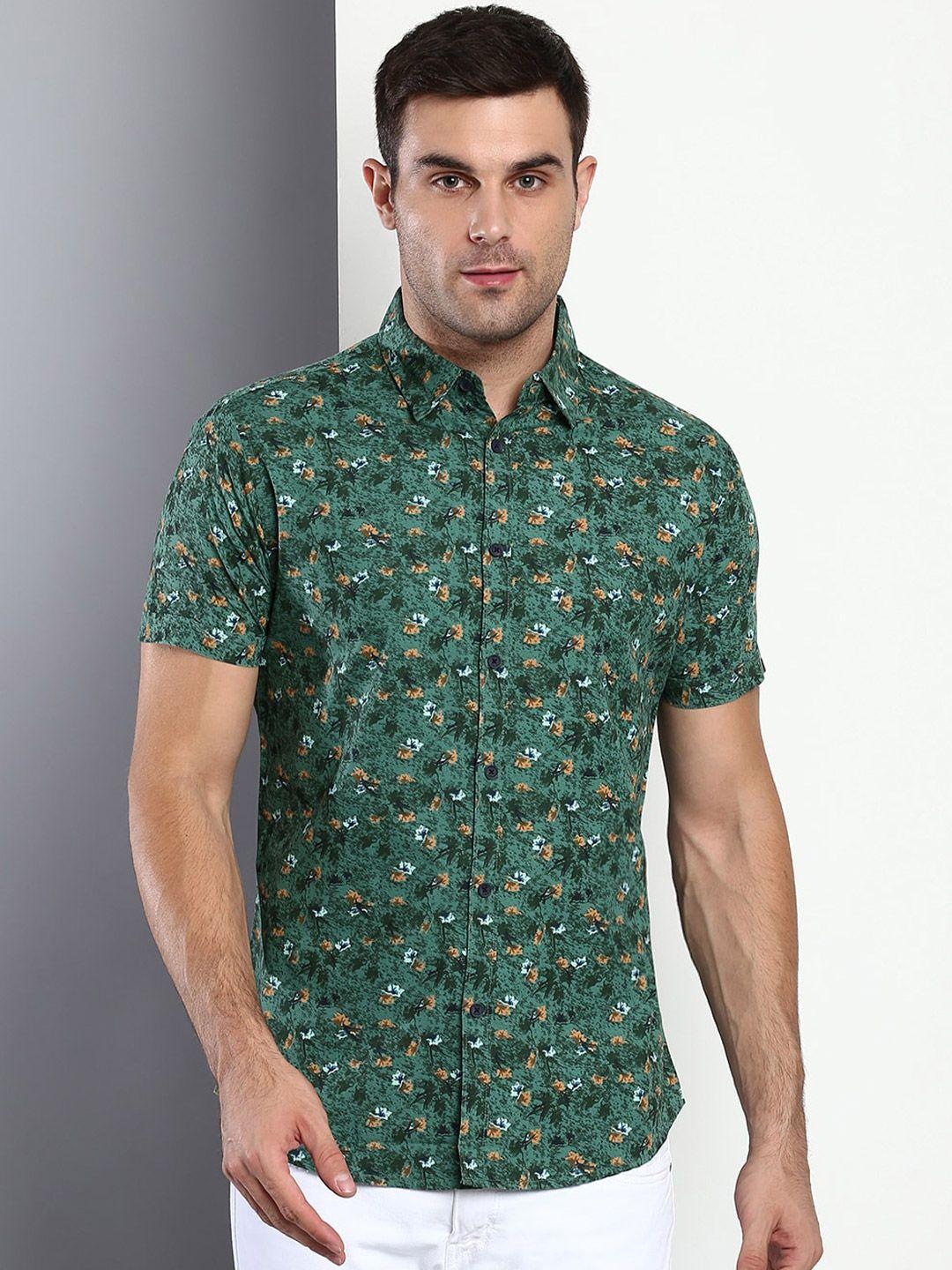 dennis lingo men green slim fit floral printed casual shirt