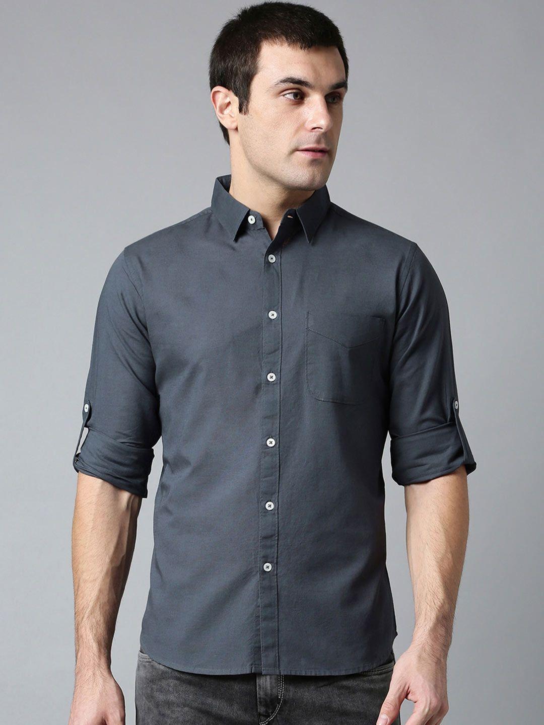 dennis lingo men grey solid comfort slim fit casual shirt