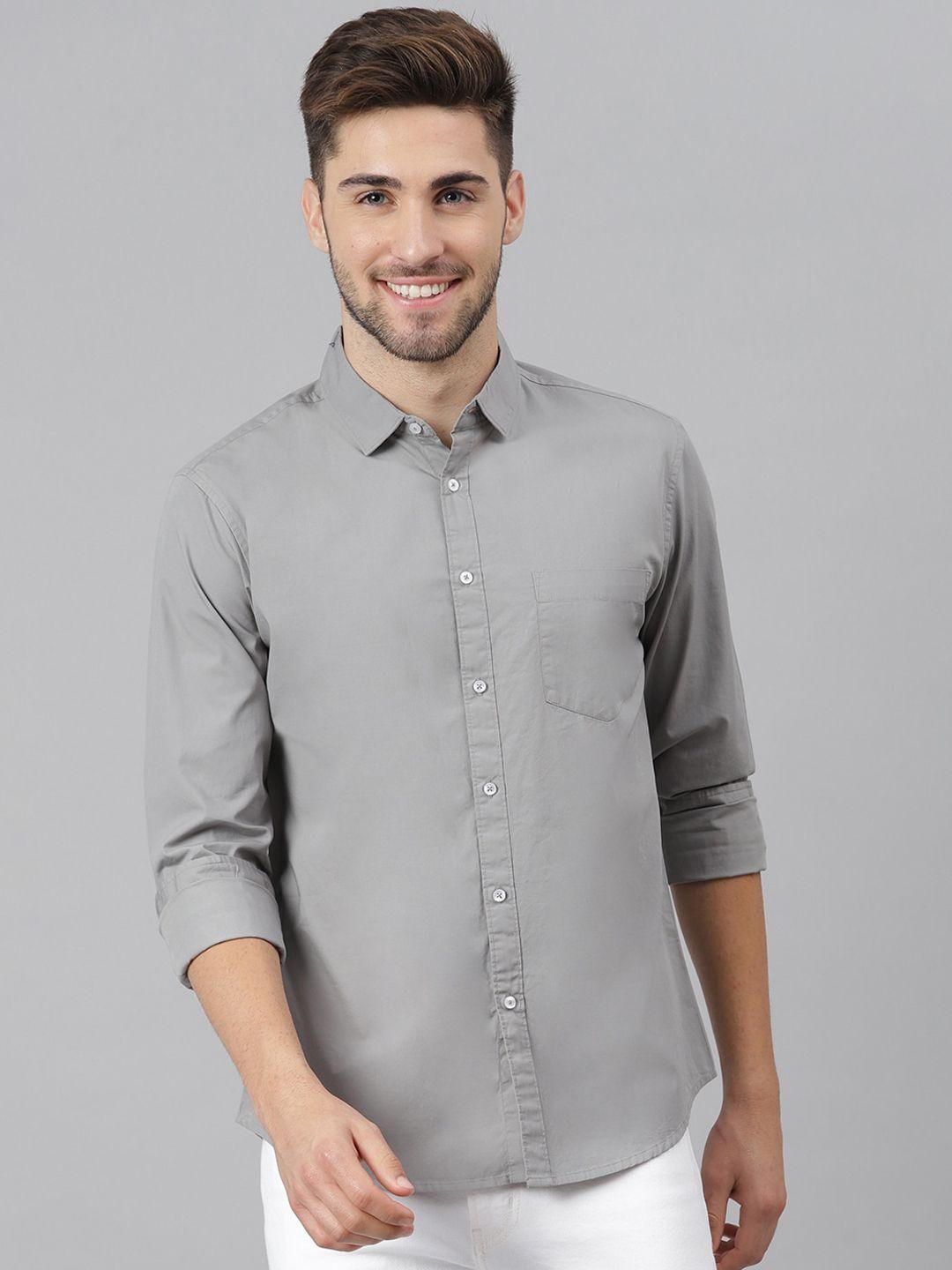 dennis lingo men grey solid slim fit cotton casual shirt