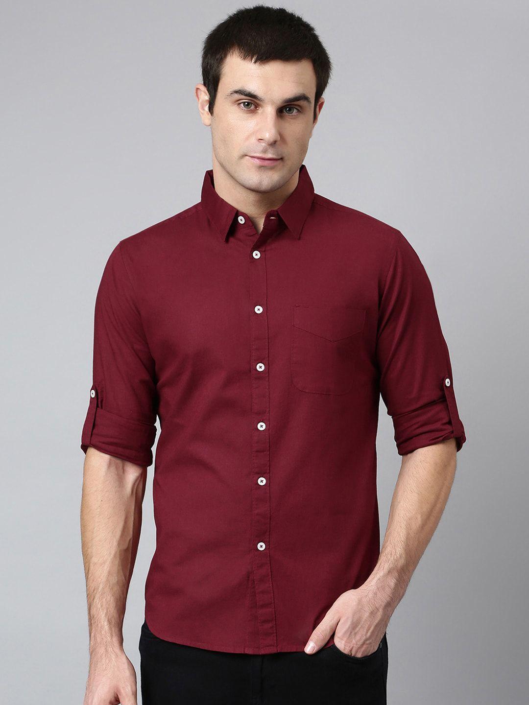 dennis lingo men maroon comfort slim fit cotton linen casual shirt
