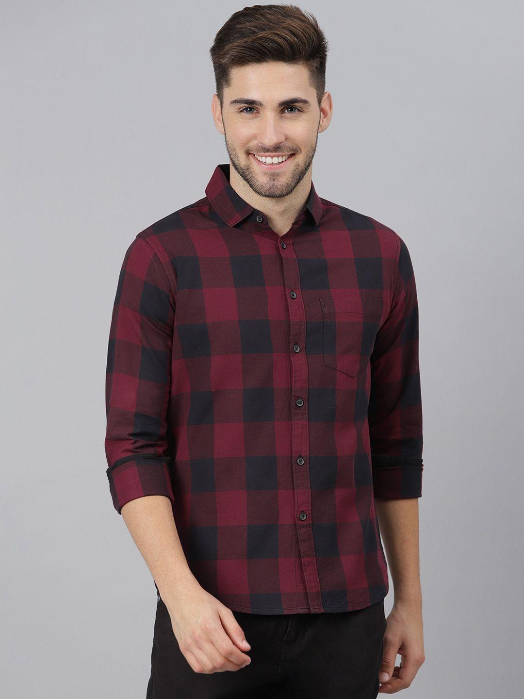 dennis lingo men maroon slim fit checked casual shirt