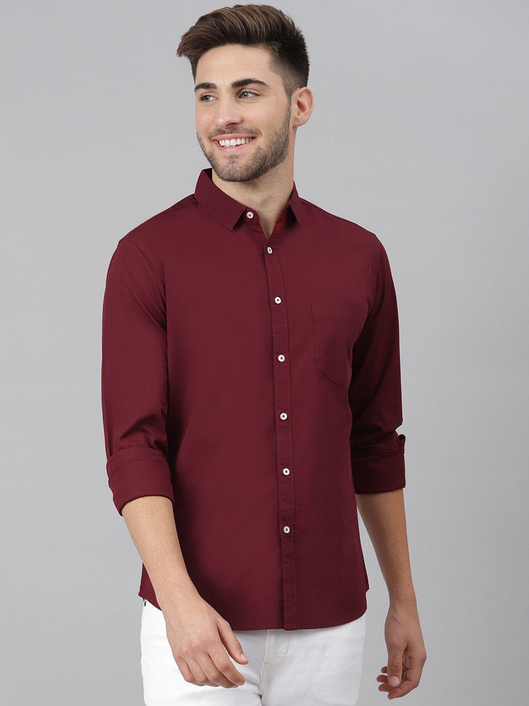 dennis lingo men maroon solid slim fit cotton casual shirt