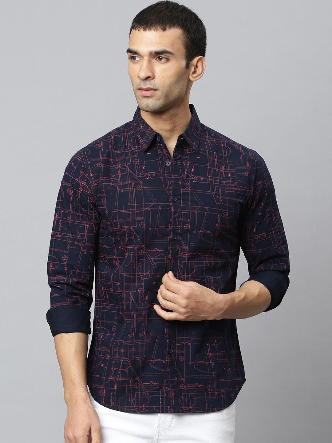 dennis lingo men navy blue & pink modern slim fit opaque printed cotton casual shirt
