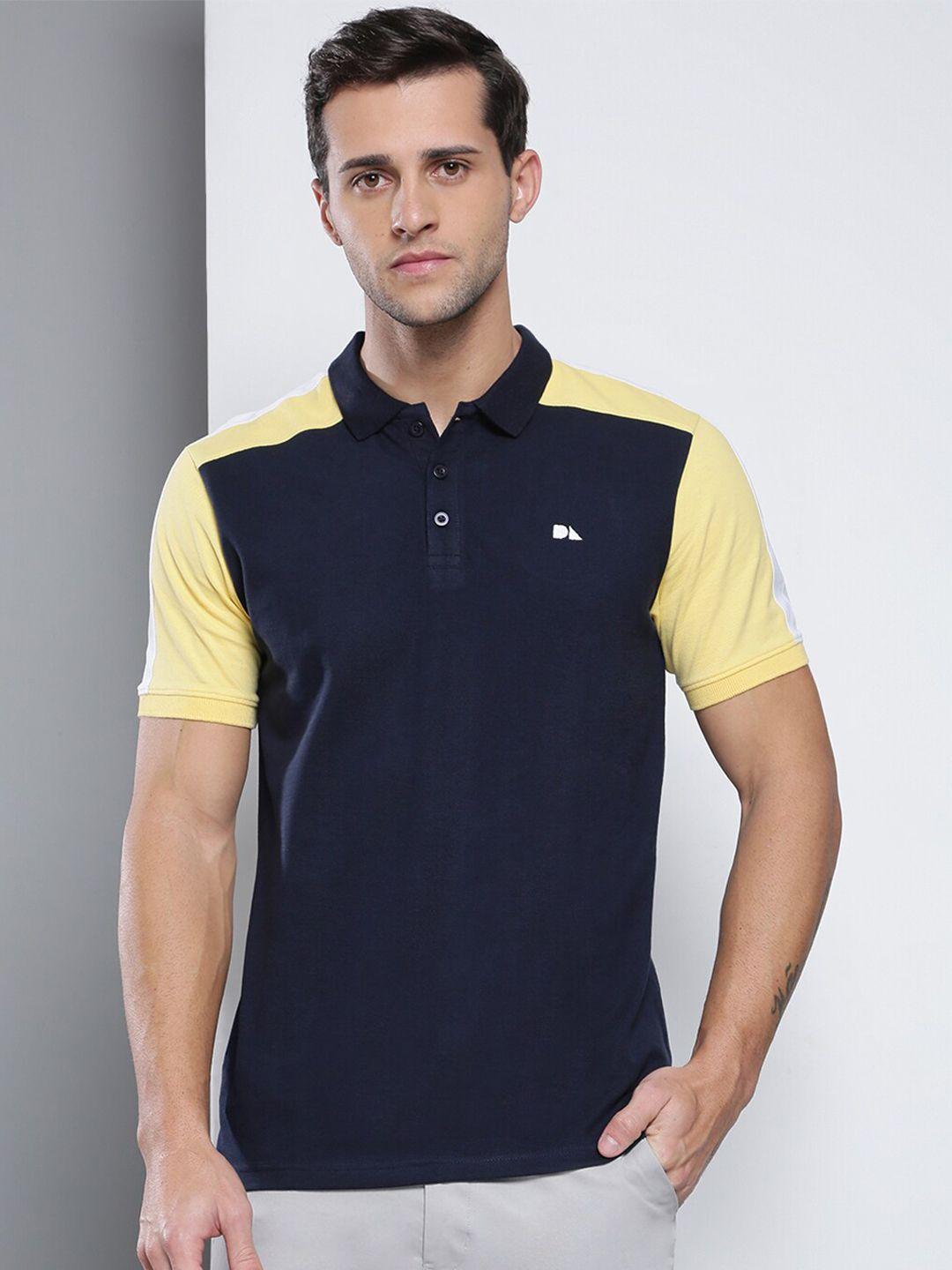 dennis lingo men navy blue & yellow colourblocked polo collar slim fit cotton t-shirt
