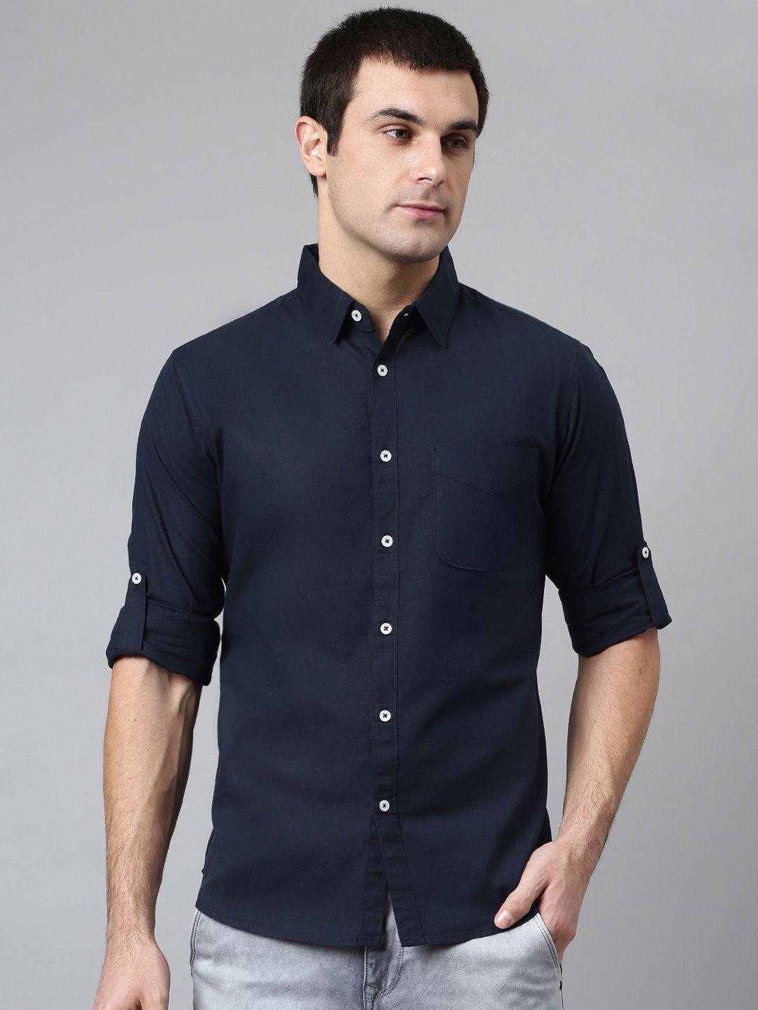 dennis lingo men navy blue comfort slim fit casual shirt