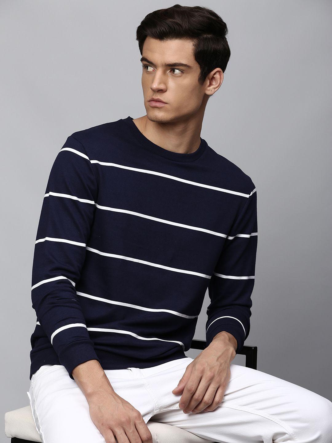 dennis lingo men navy blue striped sweatshirt