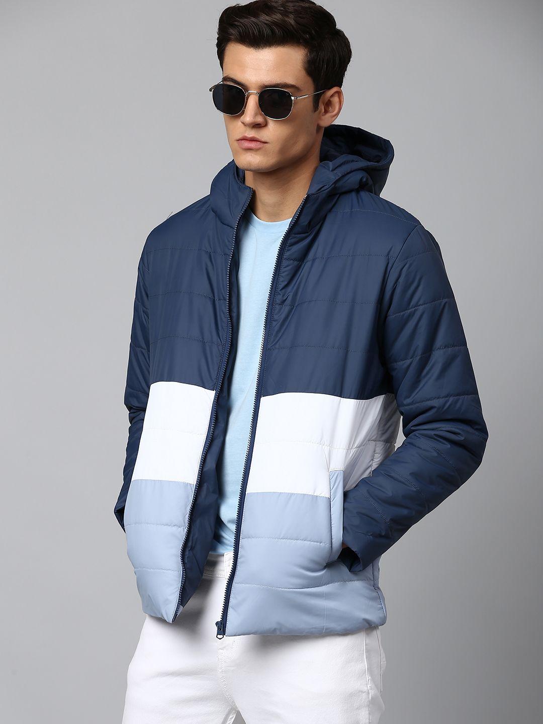 dennis lingo men navy blue white colourblocked outdoor padded jacket