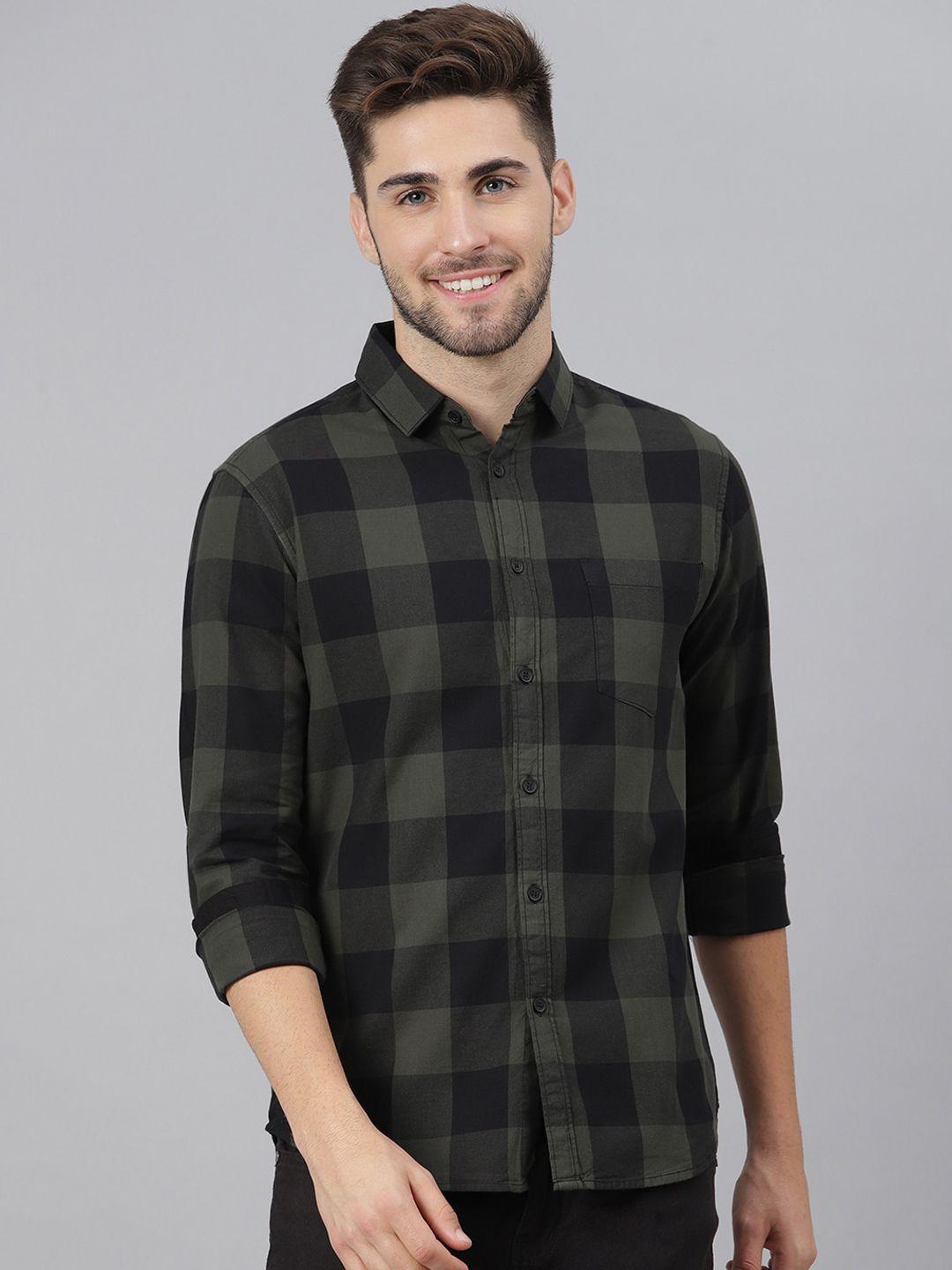 dennis lingo men olive green & black comfort slim fit buffalo checked cotton casual shirt