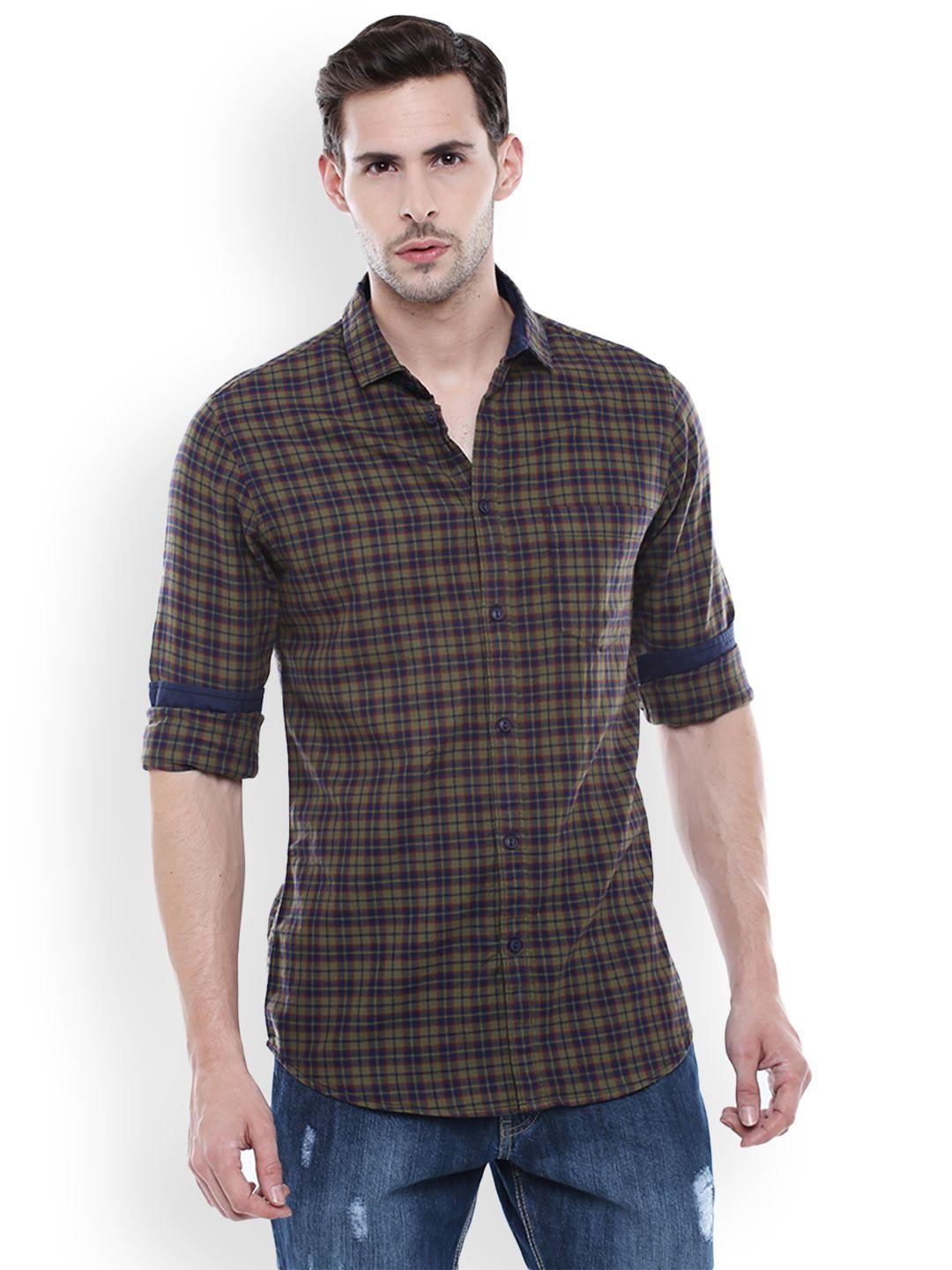 dennis lingo men olive green & navy blue slim fit checked casual shirt