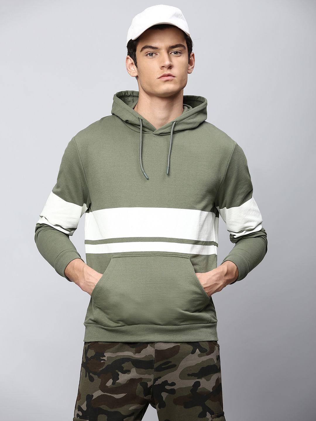 dennis lingo men olive green colourblocked hooded sweatshirt