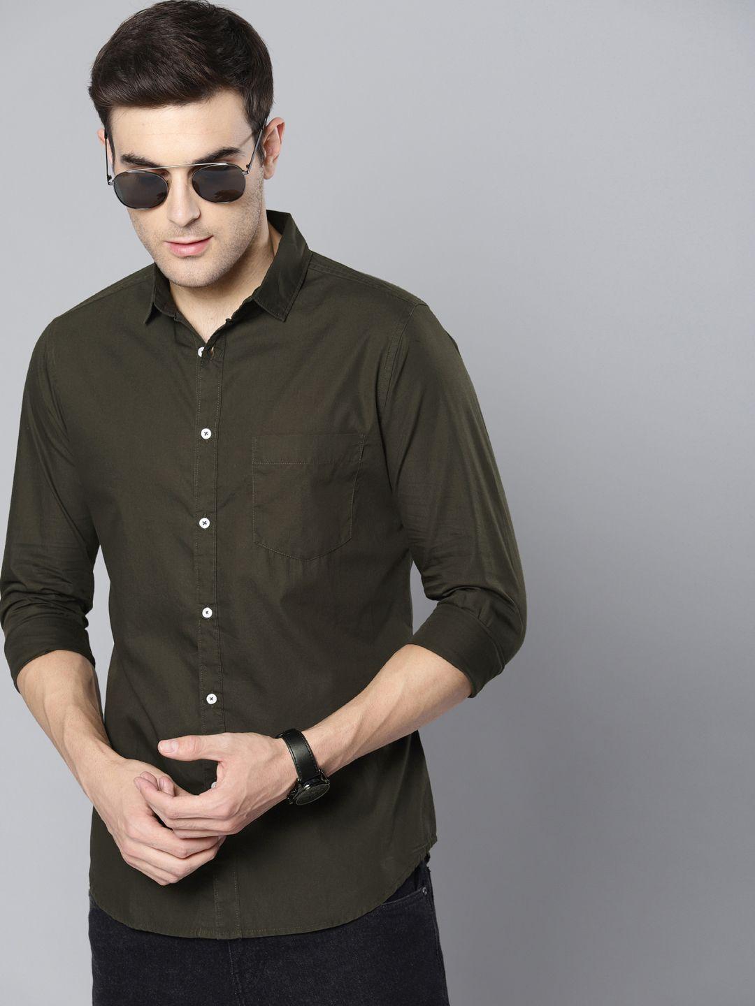 dennis lingo men olive green slim fit casual shirt