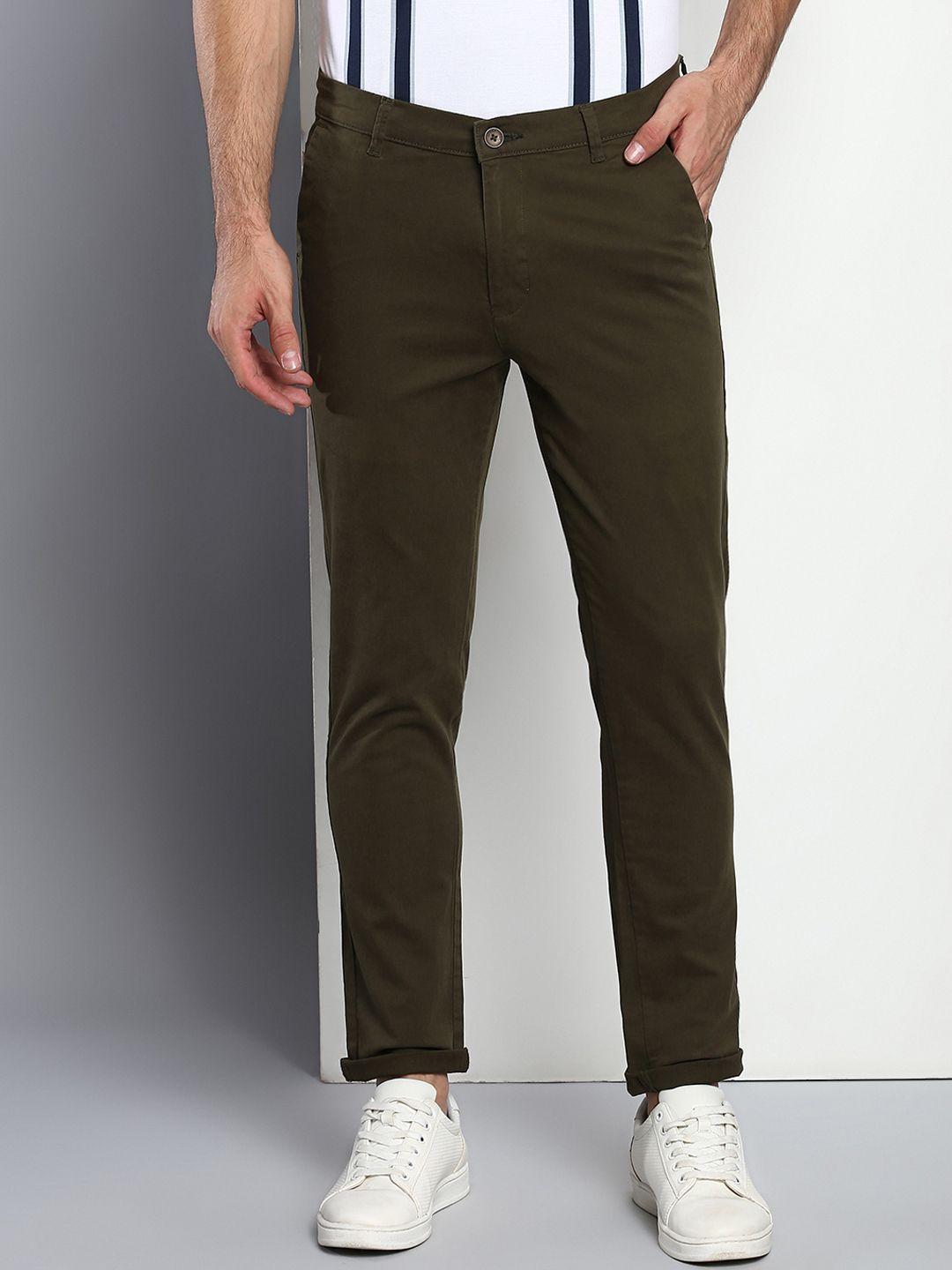 dennis lingo men olive green tapered fit cotton chinos trouser