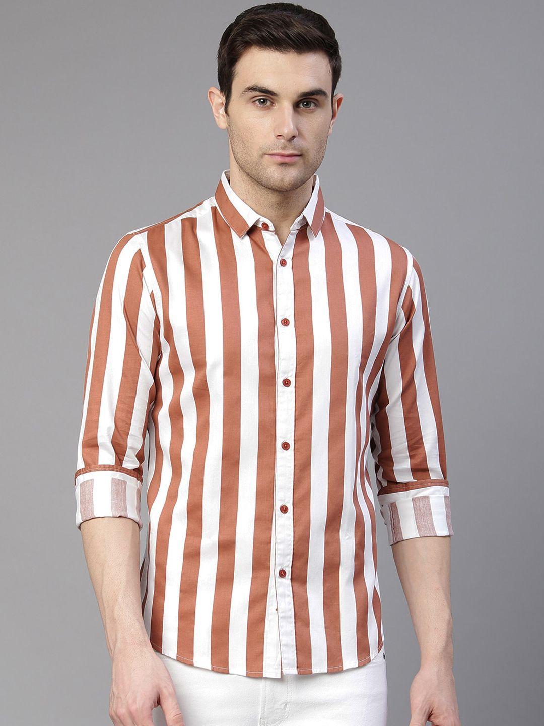 dennis lingo men peach & white slim fit striped cotton casual shirt
