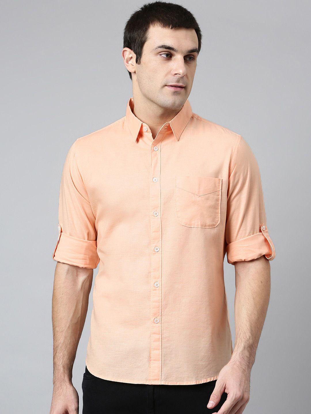 dennis lingo men peach-coloured comfort slim fit casual shirt