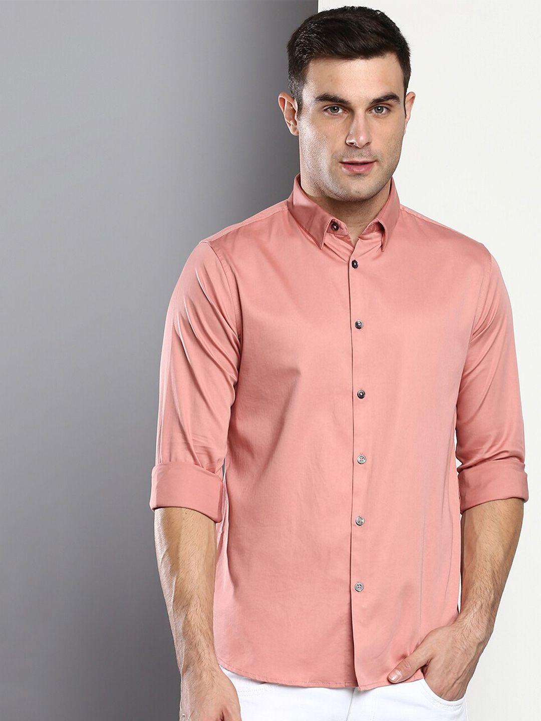 dennis lingo men peach-coloured slim fit satin casual shirt