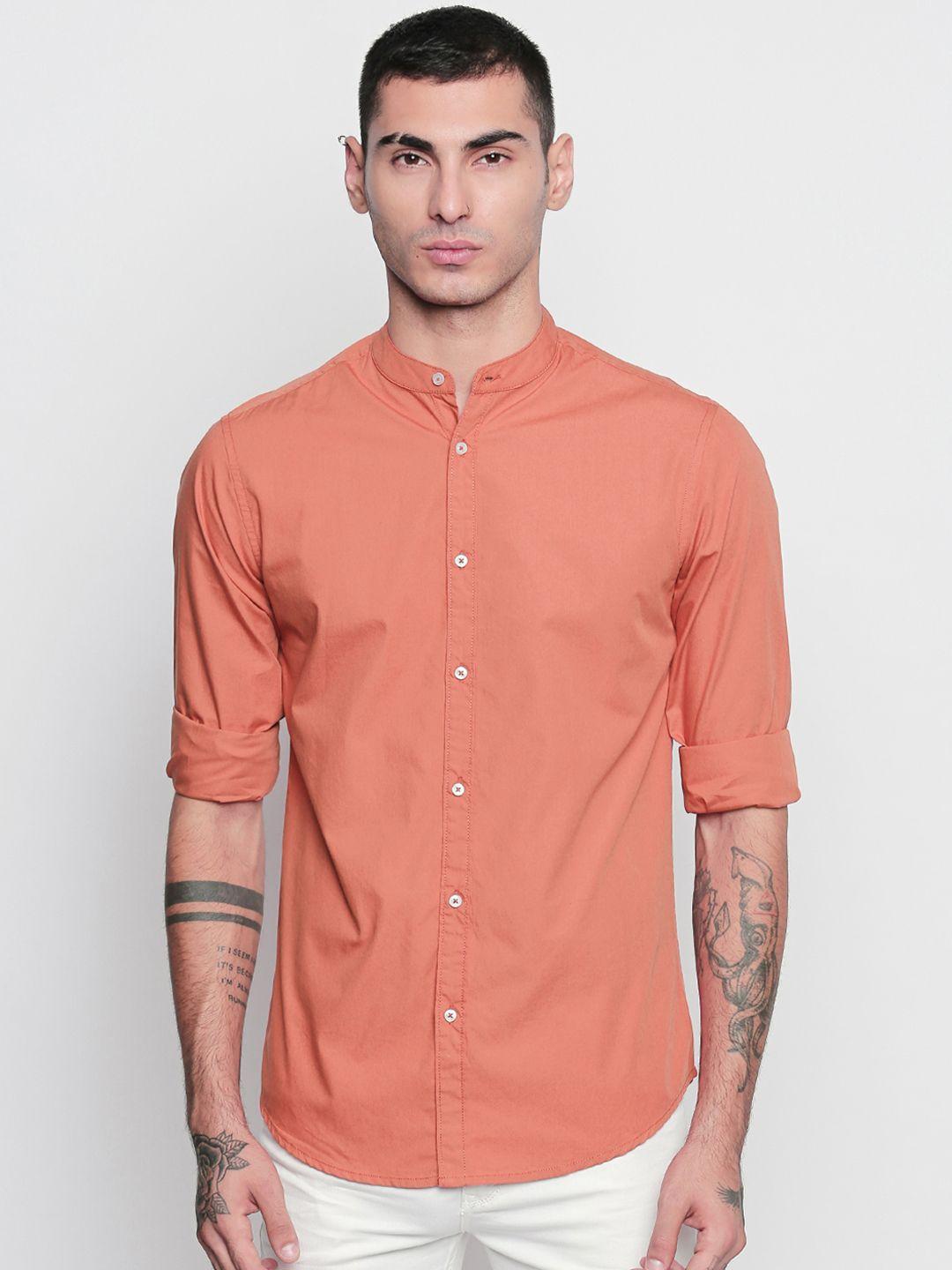 dennis lingo men rust orange modern slim fit solid casual shirt