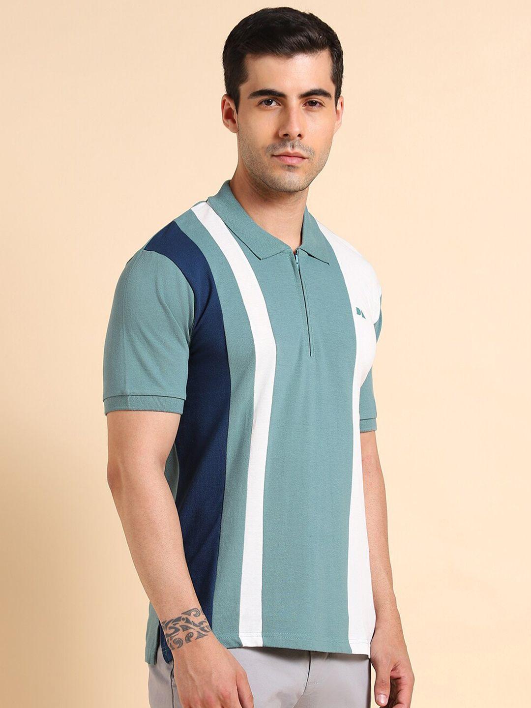 dennis lingo men sea green colourblocked polo collar pockets slim fit t-shirt