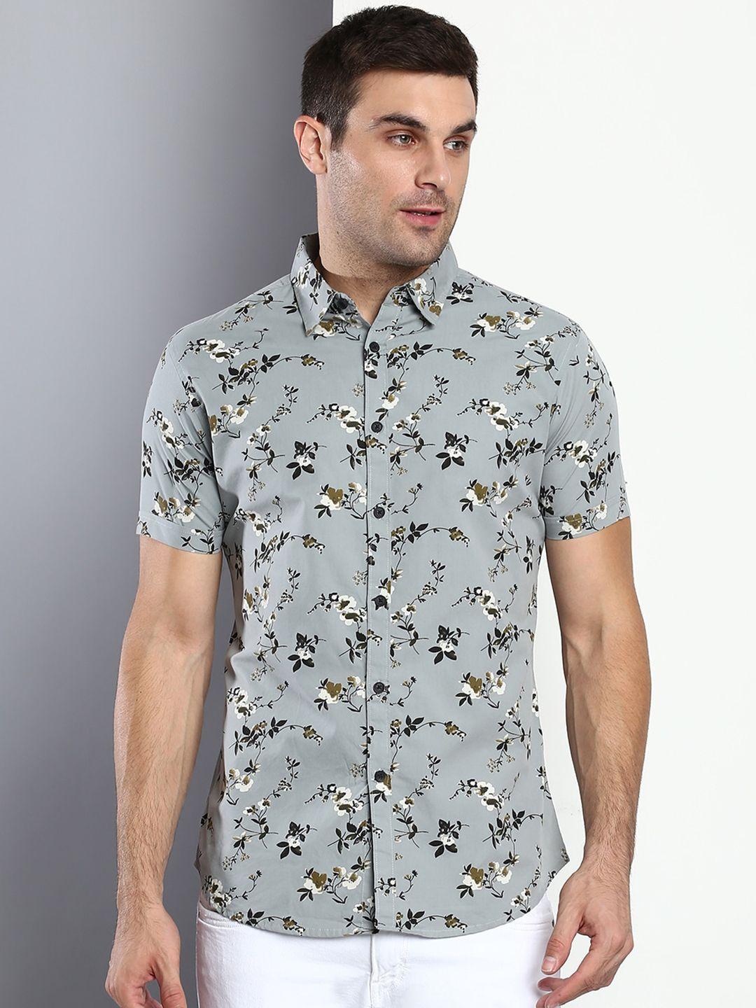 dennis lingo men teal slim fit floral printed casual shirt