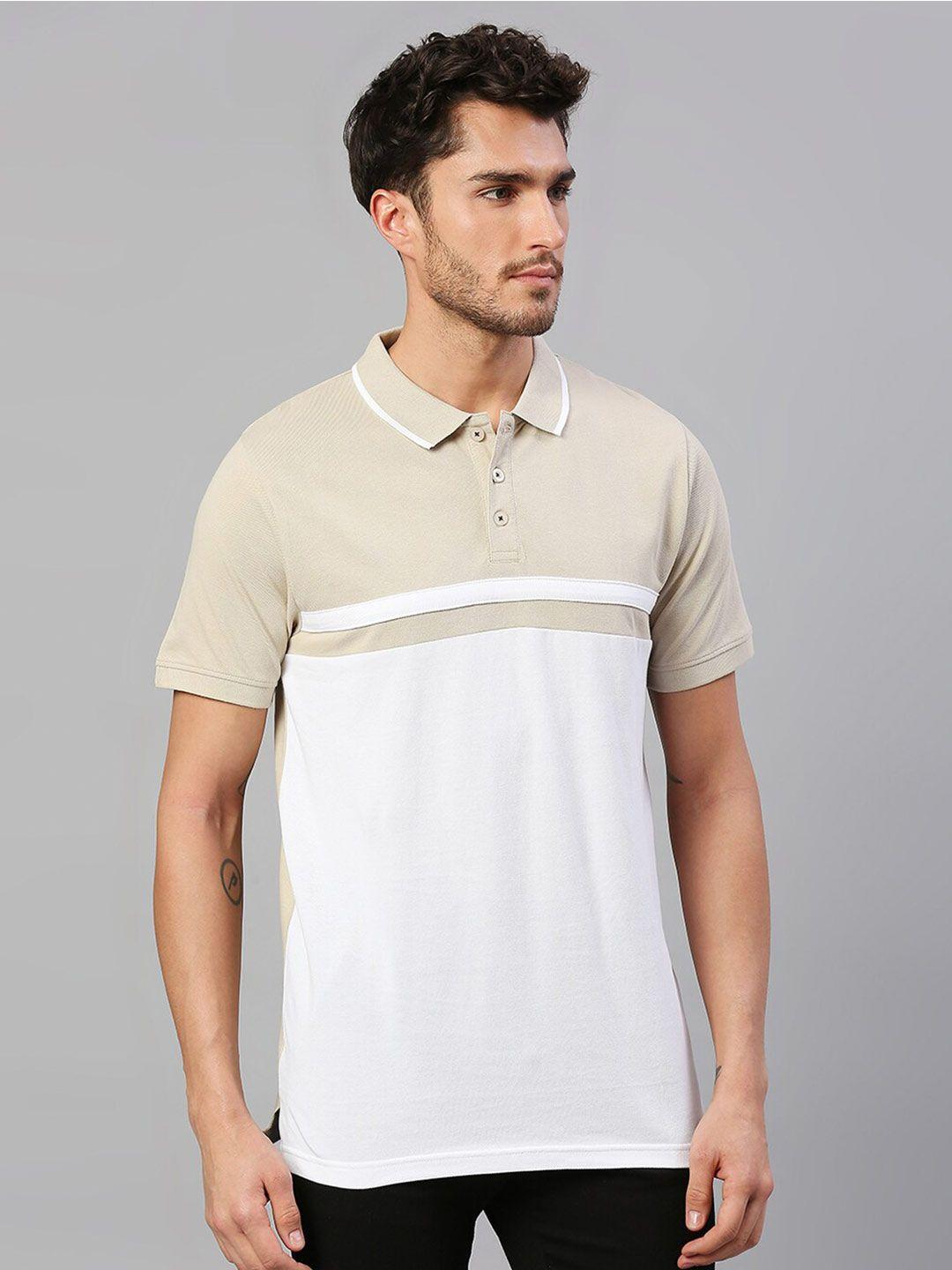 dennis lingo men white & beige colourblocked polo collar pure cotton t-shirt