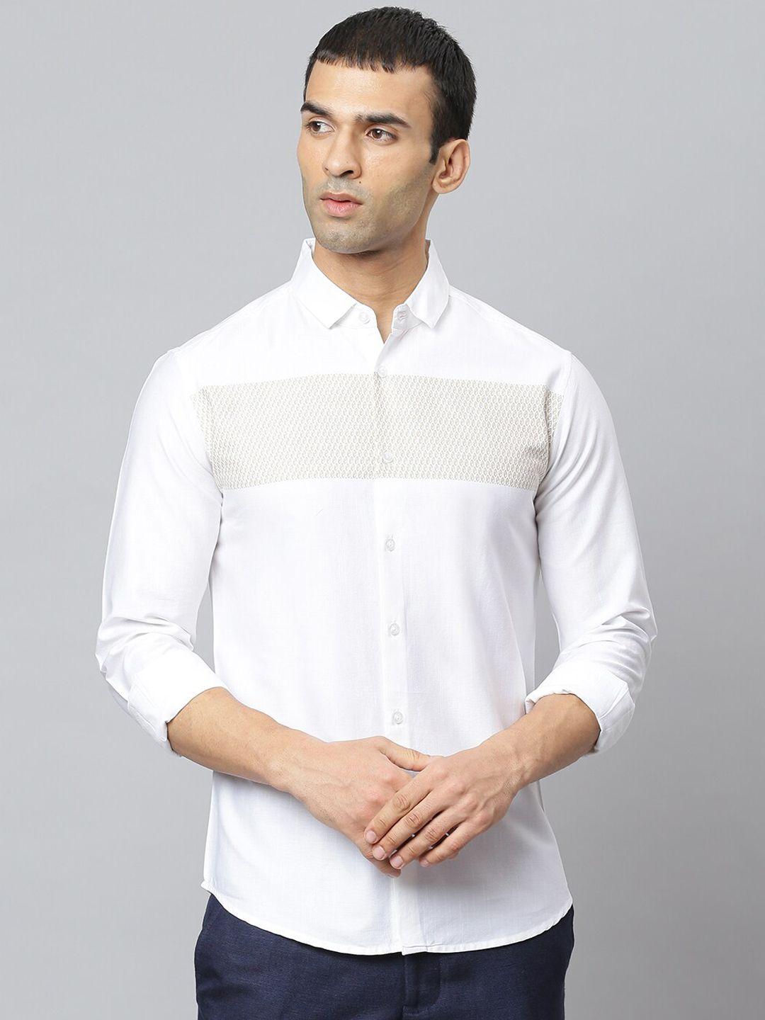 dennis lingo men white & beige modern slim fit opaque printed casual cotton shirt