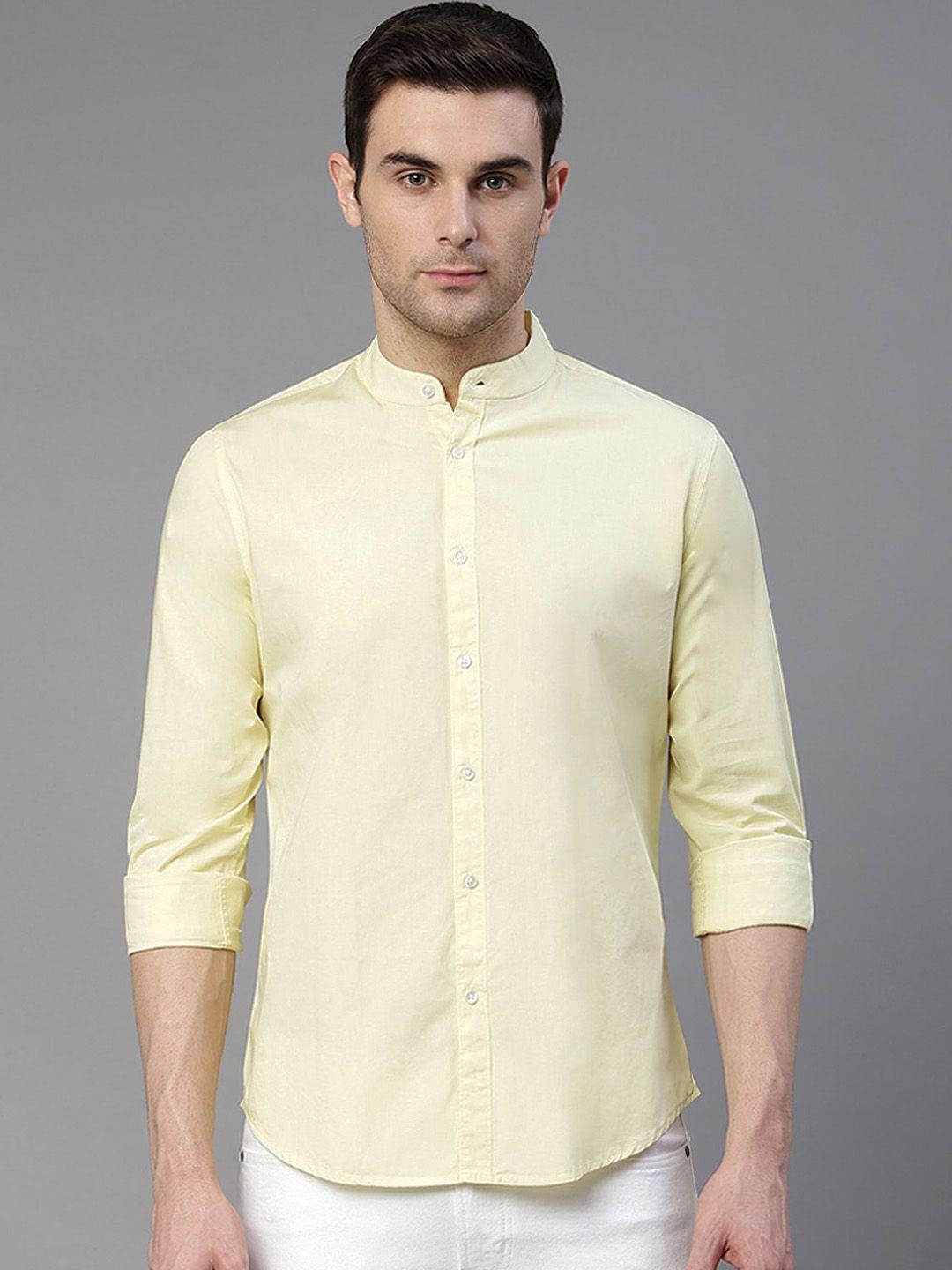 dennis lingo men yellow comfort slim fit solid pure cotton casual shirt