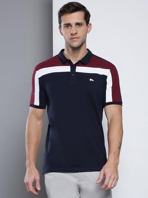dennis lingo navy cotton slim fit colour block polo t-shirt