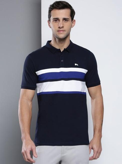dennis lingo navy cotton slim fit striped polo t-shirt