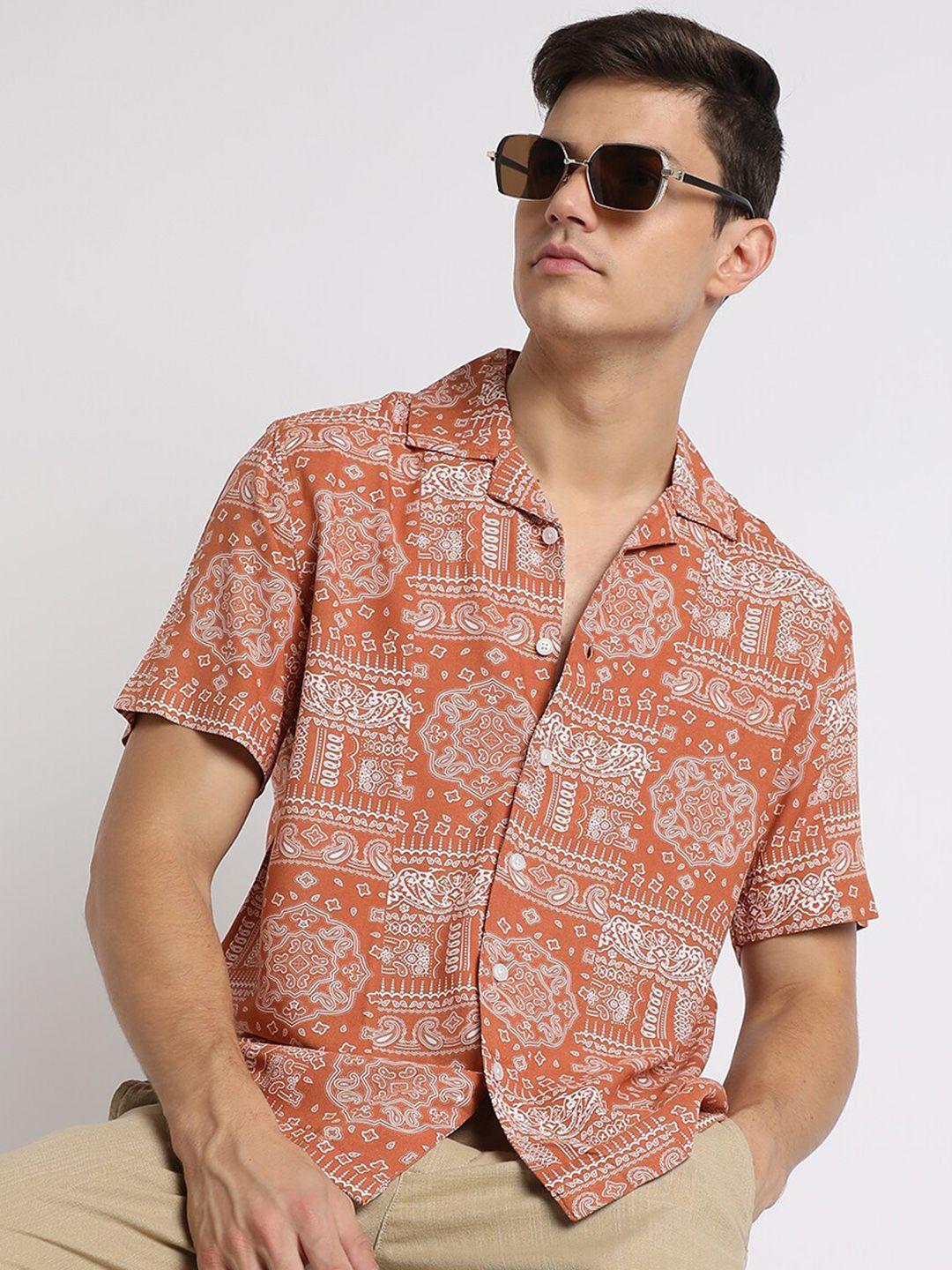 dennis lingo relaxed ethnic motifs printed cuban collar casual shirt