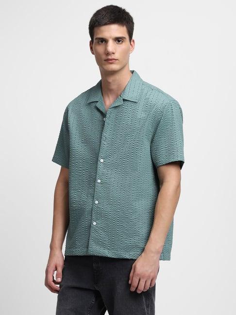 dennis lingo sage green cotton slim fit self pattern shirt