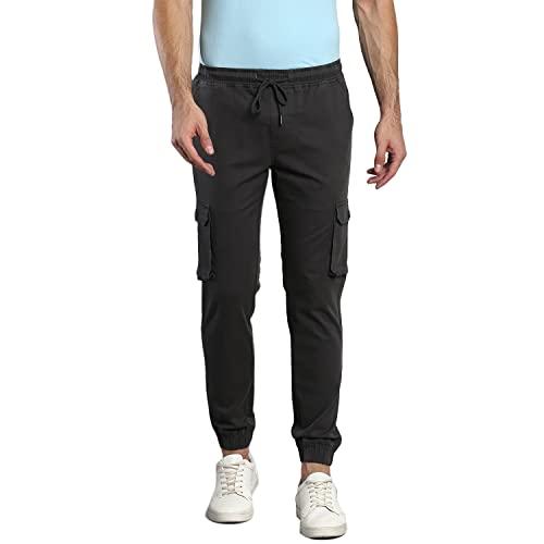 dennis lingo solid cotton men's casual cargo pant, tapered fit, mid rise, ankle length, multi-pocket drawstring stretchable cargos for men, trousers charcoal grey