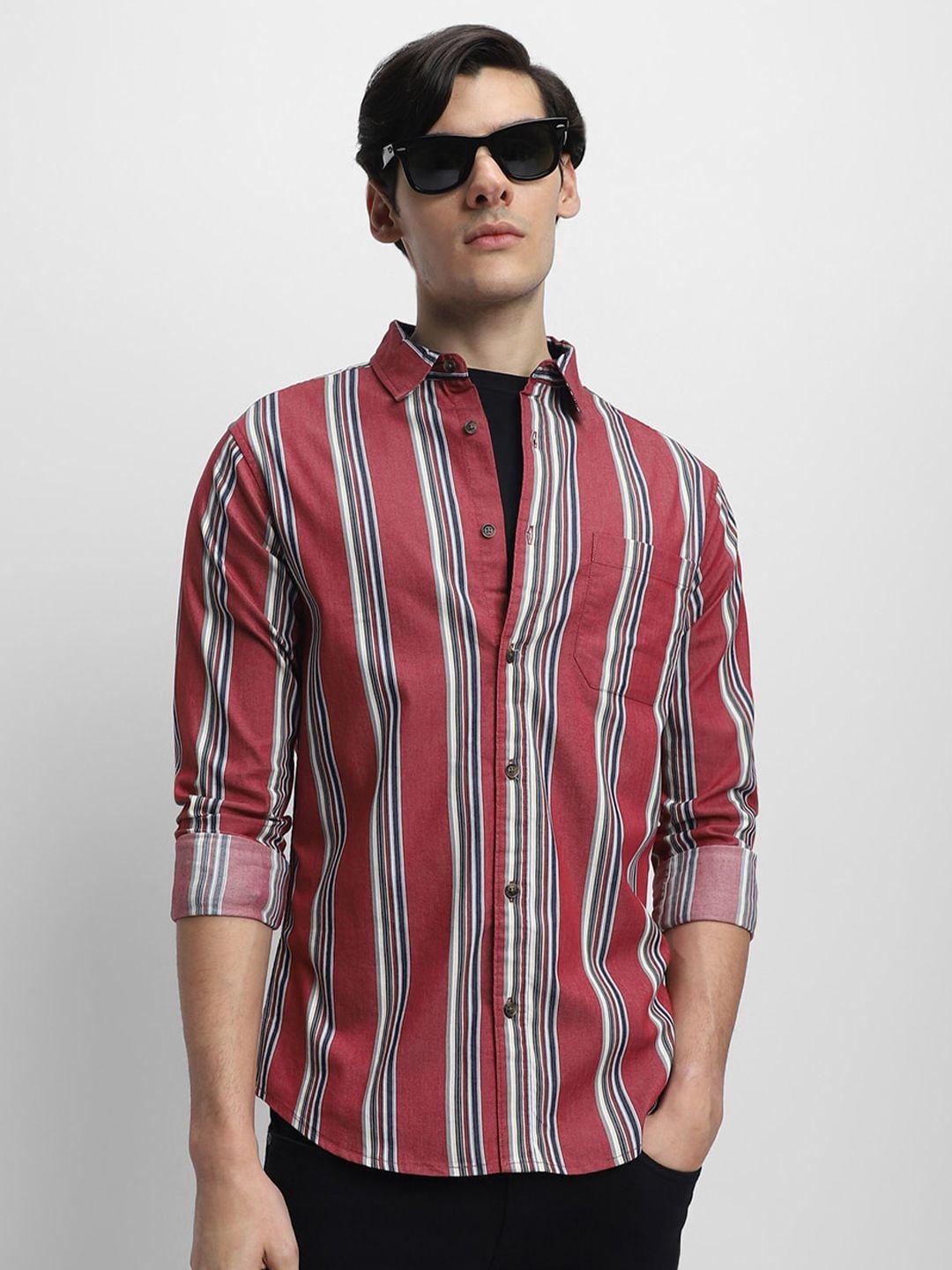 dennis lingo spread collar slim fit  striped opaque cotton casual shirt