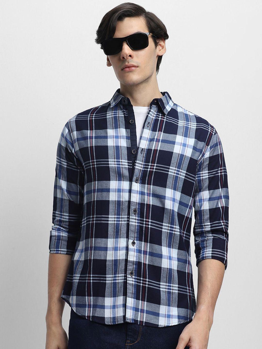 dennis lingo spread collar slim fit tartan checks opaque cotton casual shirt